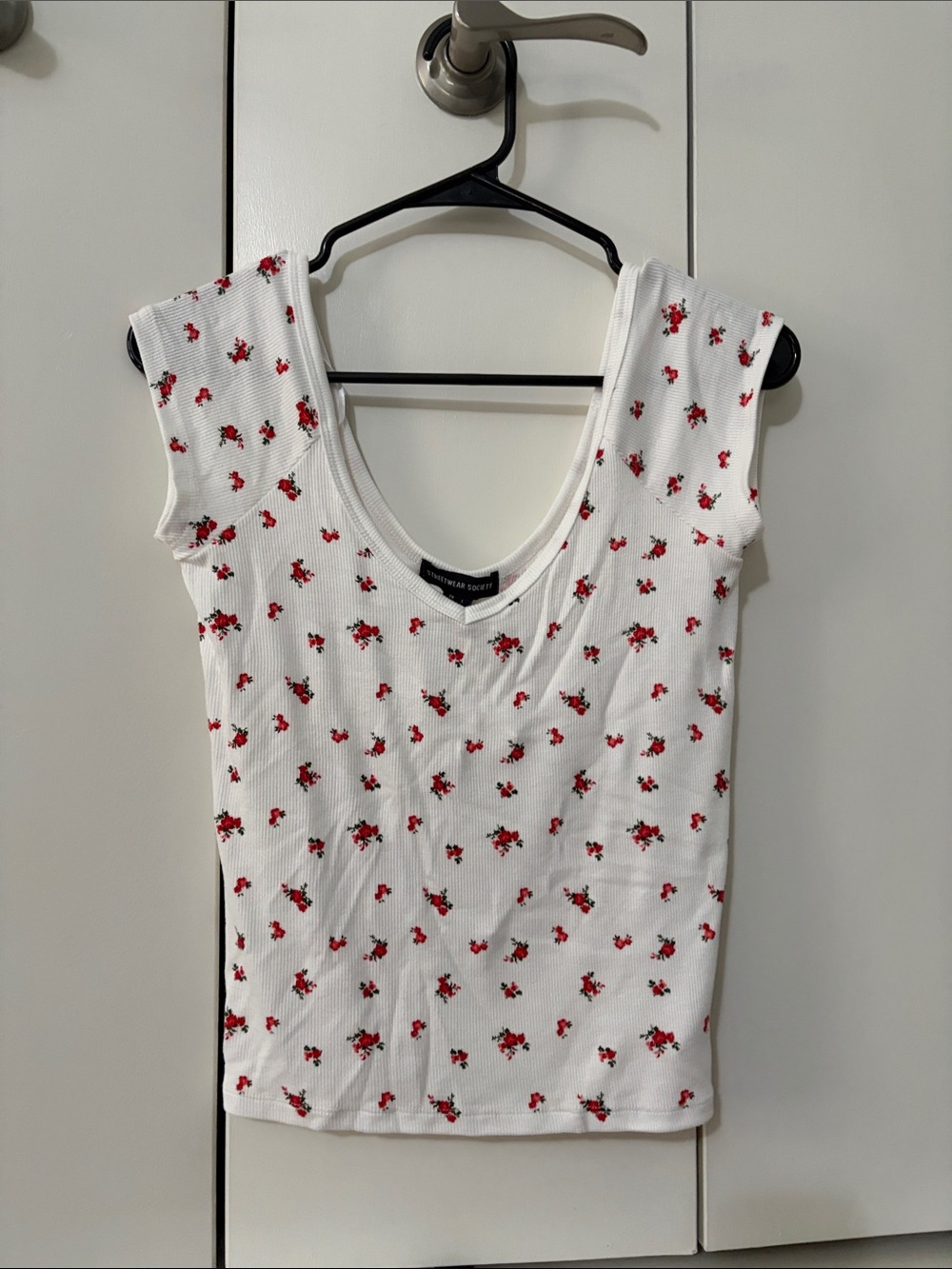 White Ribbed Tank with Red Floral Print